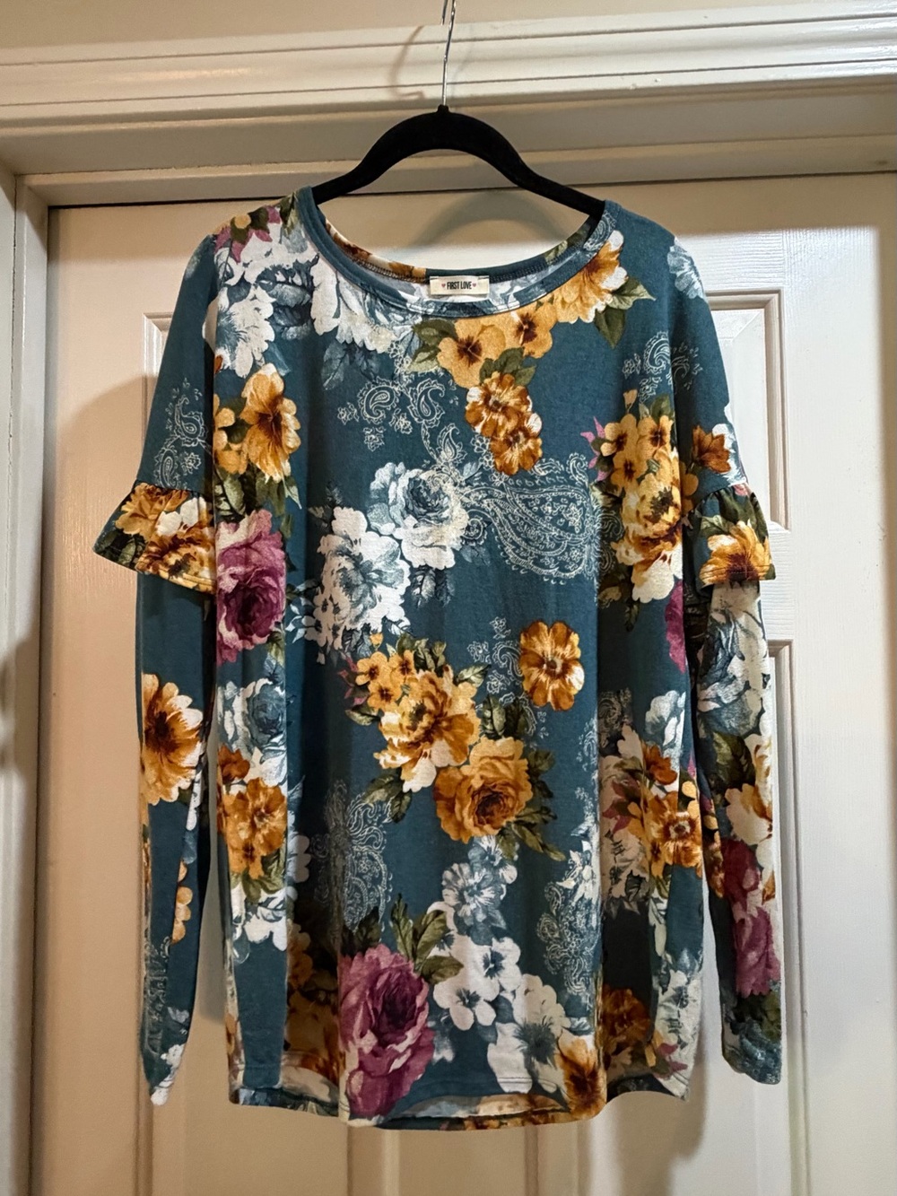 First Love Teal Floral Long-Sleeve Ruffle-Sleeve Top